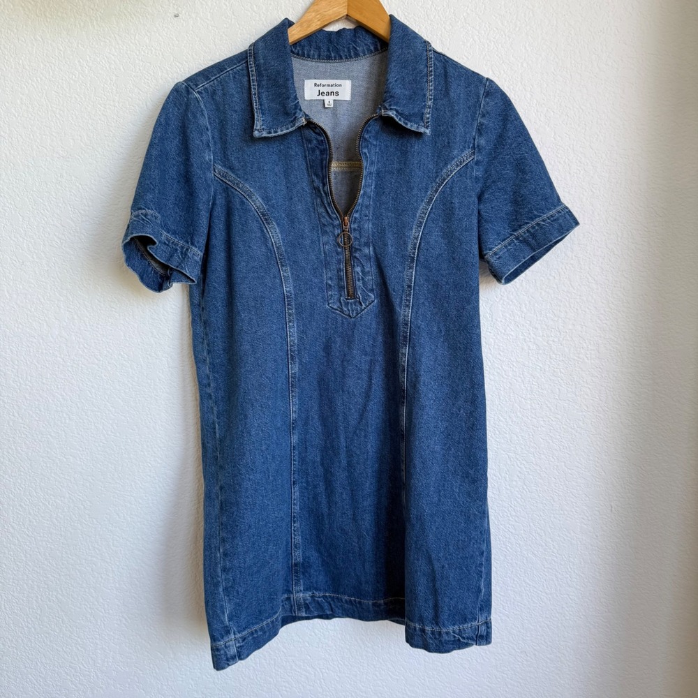 Reformation Jeans Denim Mini Dress Short Sleeve Zip Front Casual Blue Size 6